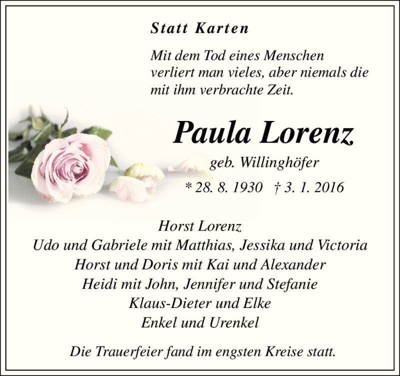  Traueranzeige für Paula Lorenz vom 09.01.2016 aus Neue Osnabrücker Zeitung GmbH & Co. KG