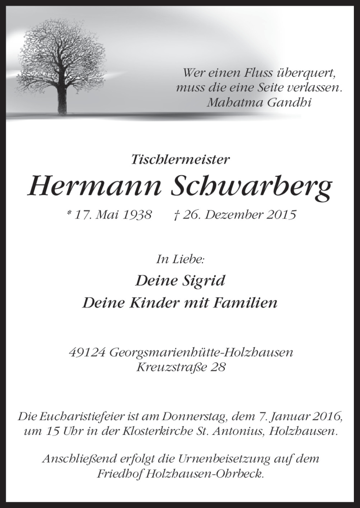  Traueranzeige für Hermann Schwarberg vom 02.01.2016 aus Neue Osnabrücker Zeitung GmbH & Co. KG