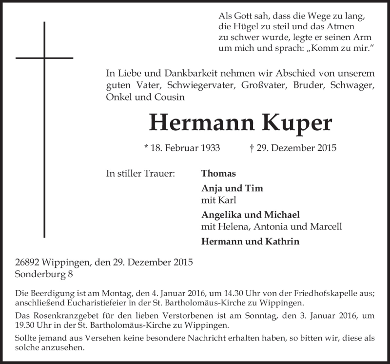  Traueranzeige für Hermann Kuper vom 02.01.2016 aus Neue Osnabrücker Zeitung GmbH & Co. KG