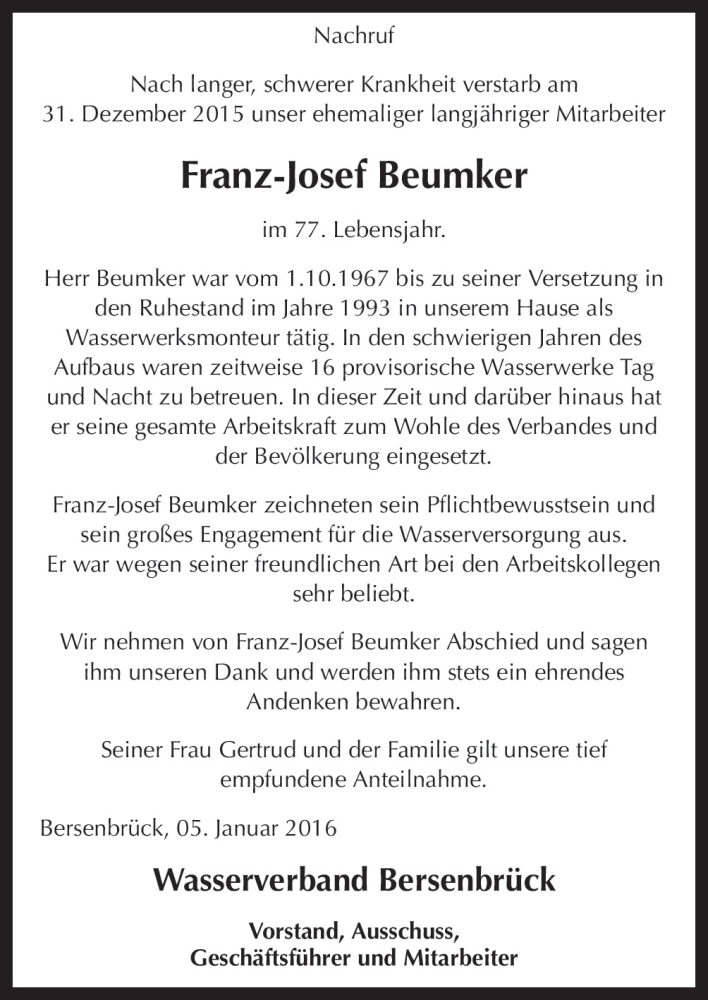  Traueranzeige für Franz-Josef Beumker vom 06.01.2016 aus Neue Osnabrücker Zeitung GmbH & Co. KG