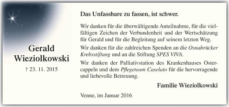  Traueranzeige für Gerald Wieziolkowski vom 09.01.2016 aus Neue Osnabrücker Zeitung GmbH & Co. KG