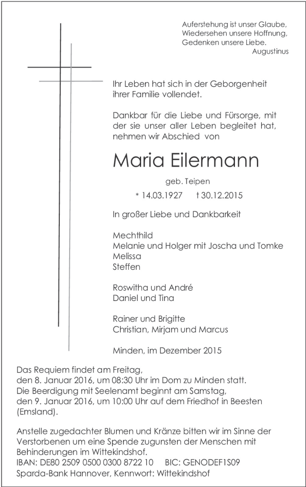  Traueranzeige für Maria Eilermann vom 06.01.2016 aus Neue Osnabrücker Zeitung GmbH & Co. KG