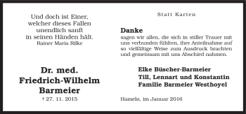 Traueranzeige von Friedrich-Wilhelm Barmeier von Neue Osnabrücker Zeitung GmbH & Co. KG