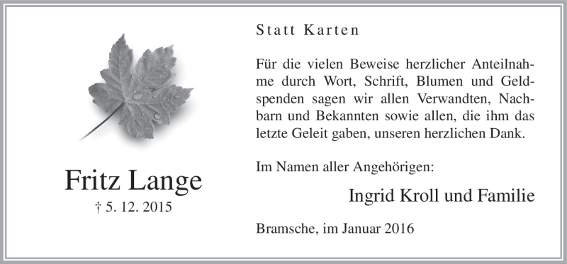  Traueranzeige für Fritz Lange vom 16.01.2016 aus Neue Osnabrücker Zeitung GmbH & Co. KG