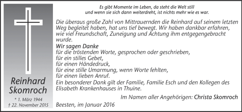  Traueranzeige für Reinhard Skomroch vom 02.01.2016 aus Neue Osnabrücker Zeitung GmbH & Co. KG