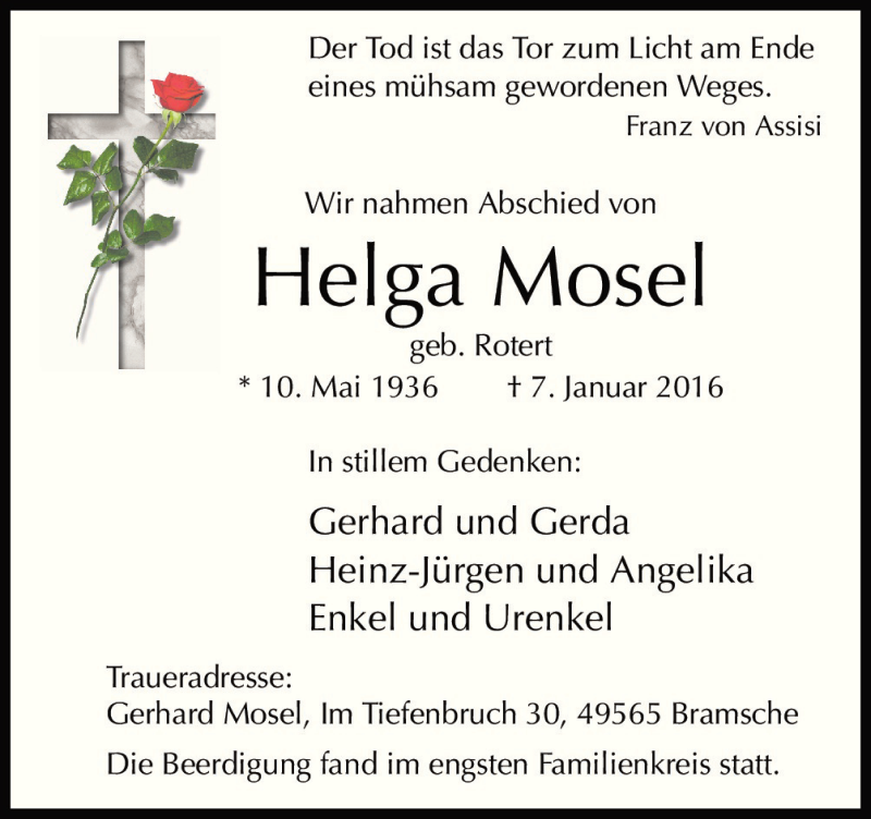  Traueranzeige für Helga Mosel vom 16.01.2016 aus Neue Osnabrücker Zeitung GmbH & Co. KG