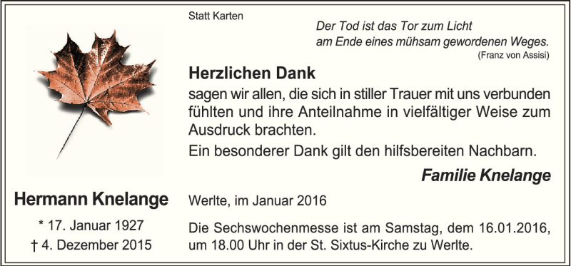  Traueranzeige für Hermann Knelange vom 14.01.2016 aus Neue Osnabrücker Zeitung GmbH & Co. KG