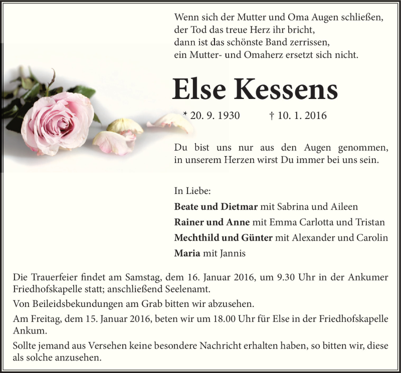  Traueranzeige für Else Kessens vom 13.01.2016 aus Neue Osnabrücker Zeitung GmbH & Co. KG