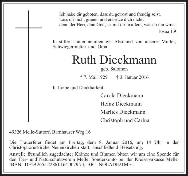  Traueranzeige für Ruth Dieckmann vom 05.01.2016 aus Neue Osnabrücker Zeitung GmbH & Co. KG