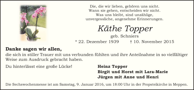  Traueranzeige für Käthe Topper vom 06.01.2016 aus Neue Osnabrücker Zeitung GmbH & Co. KG
