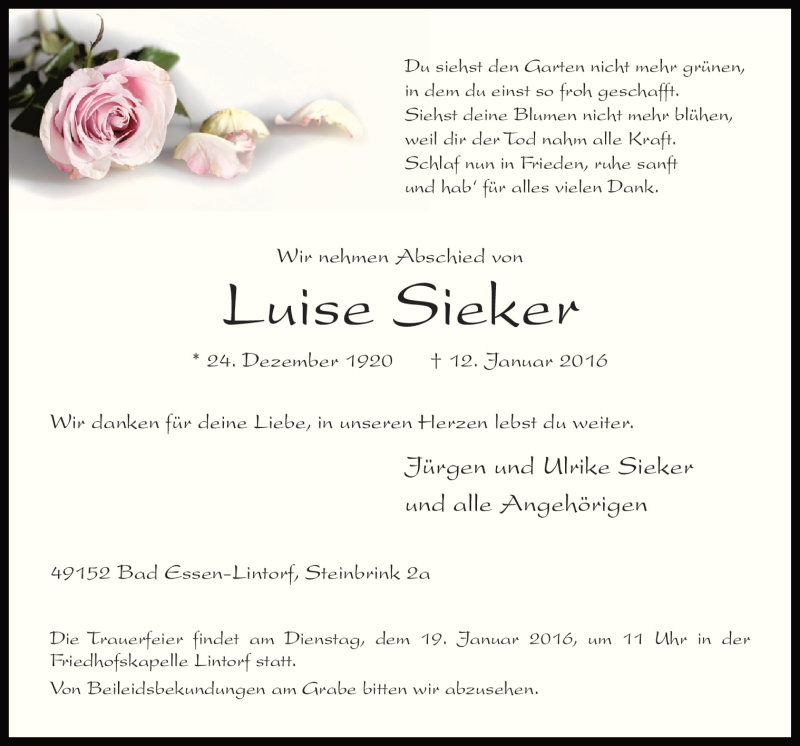  Traueranzeige für Luise Sieker vom 16.01.2016 aus Neue Osnabrücker Zeitung GmbH & Co. KG