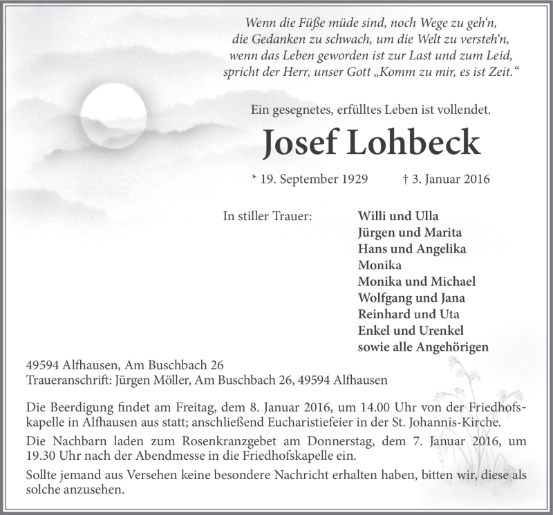  Traueranzeige für Josef Lohbeck vom 06.01.2016 aus Neue Osnabrücker Zeitung GmbH & Co. KG