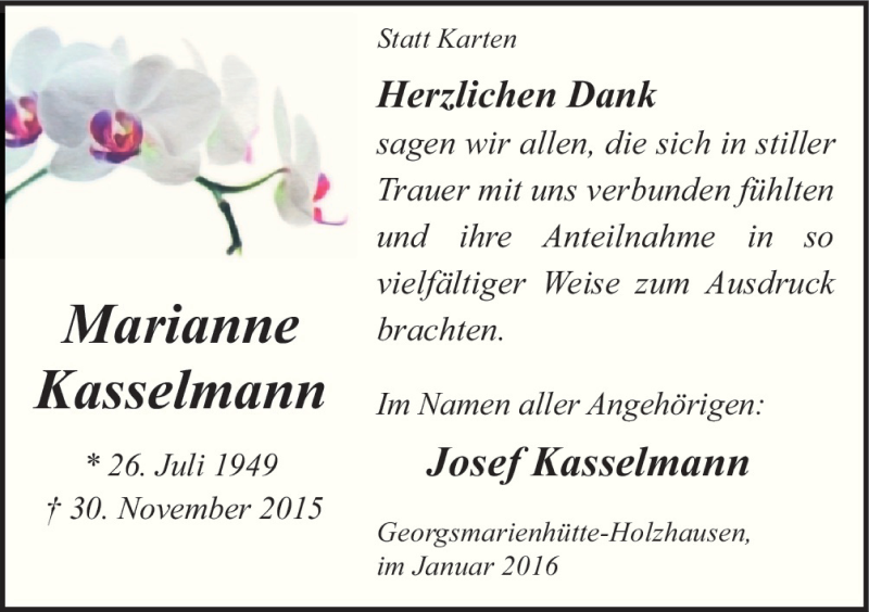  Traueranzeige für Marianne Kasselmann vom 16.01.2016 aus Neue Osnabrücker Zeitung GmbH & Co. KG
