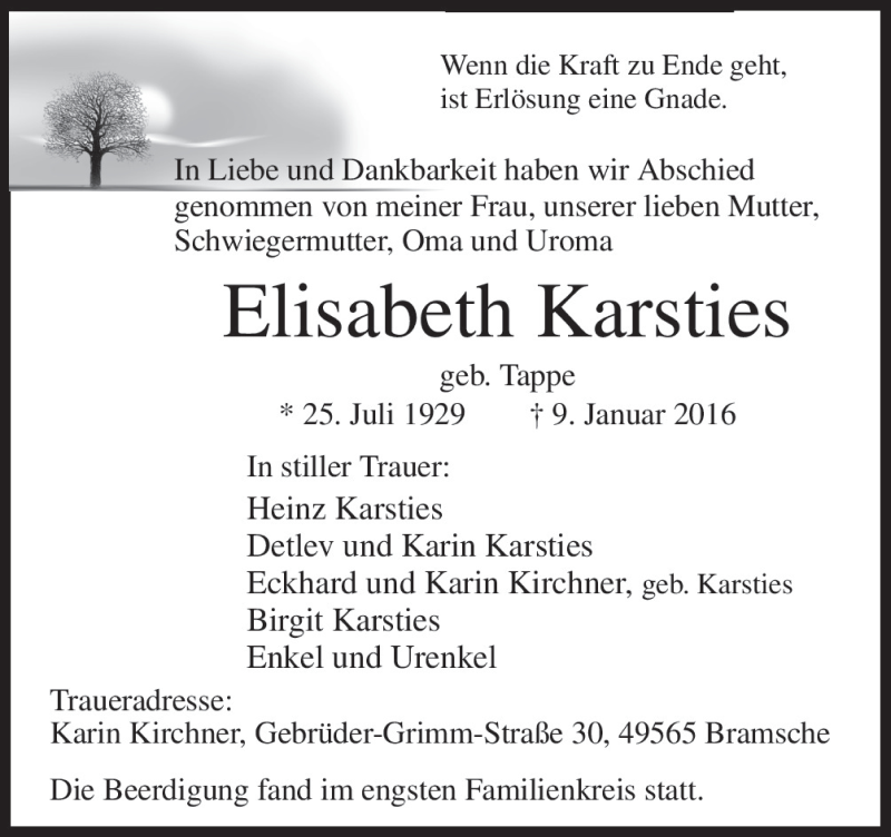  Traueranzeige für Elisabeth Karsties vom 16.01.2016 aus Neue Osnabrücker Zeitung GmbH & Co. KG