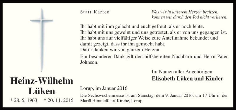  Traueranzeige für Heinz-Wilhelm Lüken vom 06.01.2016 aus Neue Osnabrücker Zeitung GmbH & Co. KG