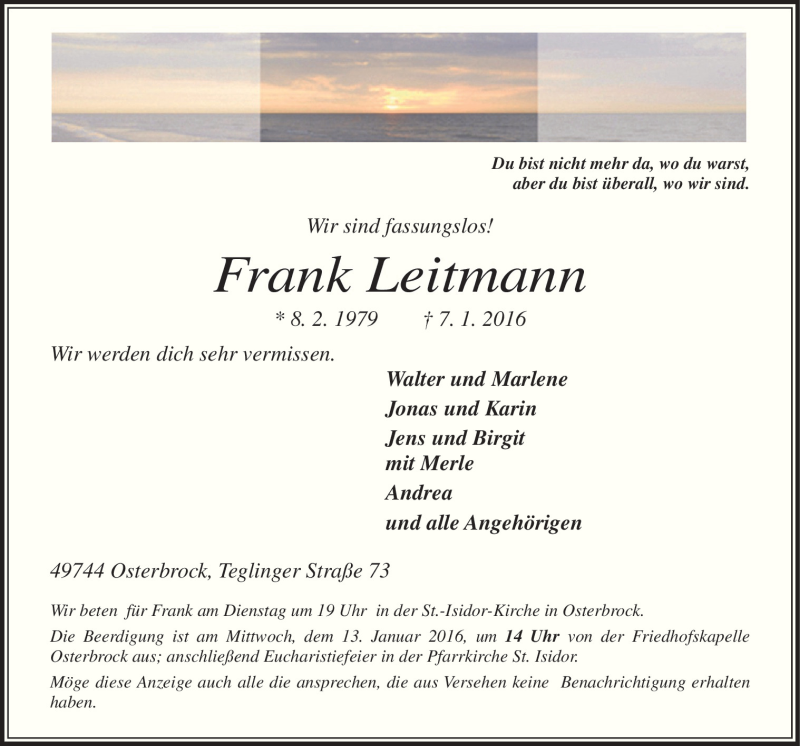  Traueranzeige für Frank Leitmann vom 09.01.2016 aus Neue Osnabrücker Zeitung GmbH & Co. KG