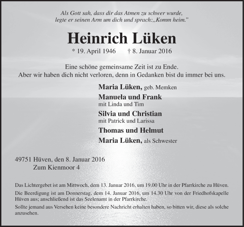  Traueranzeige für Heinrich Lüken vom 12.01.2016 aus Neue Osnabrücker Zeitung GmbH & Co. KG