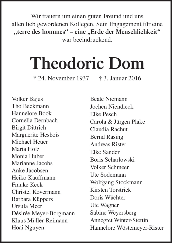  Traueranzeige für Theodoric Dom vom 09.01.2016 aus Neue Osnabrücker Zeitung GmbH & Co. KG