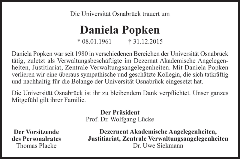  Traueranzeige für Daniela Popken vom 09.01.2016 aus Neue Osnabrücker Zeitung GmbH & Co. KG