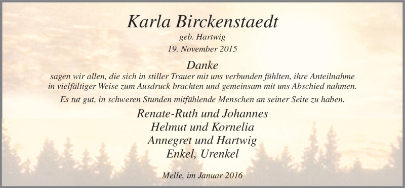  Traueranzeige für Karla Birckenstaedt vom 16.01.2016 aus Neue Osnabrücker Zeitung GmbH & Co. KG
