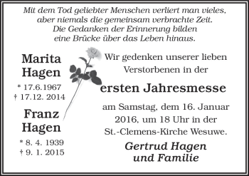 Traueranzeige von Marita Hagen von Neue Osnabrücker Zeitung GmbH & Co. KG