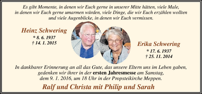  Traueranzeige für Heinz und Erika Schwering vom 07.01.2016 aus Neue Osnabrücker Zeitung GmbH & Co. KG