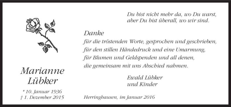  Traueranzeige für Marianne Lübker vom 09.01.2016 aus Neue Osnabrücker Zeitung GmbH & Co. KG