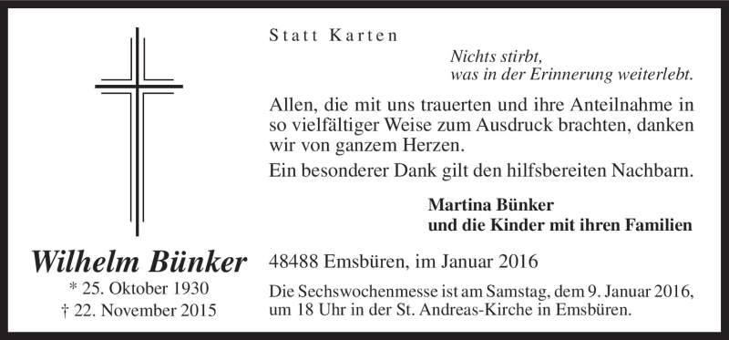  Traueranzeige für Wilhelm Bünker vom 06.01.2016 aus Neue Osnabrücker Zeitung GmbH & Co. KG