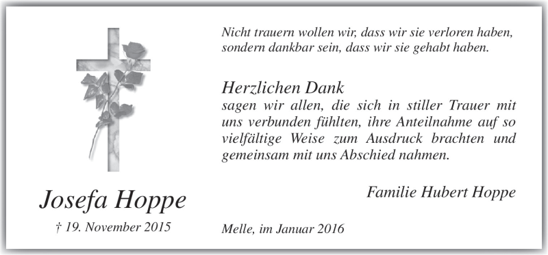  Traueranzeige für Josefa Hoppe vom 02.01.2016 aus Neue Osnabrücker Zeitung GmbH & Co. KG