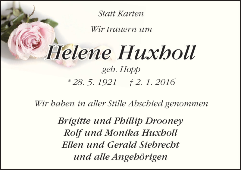  Traueranzeige für Helene Huxholl vom 09.01.2016 aus Neue Osnabrücker Zeitung GmbH & Co. KG