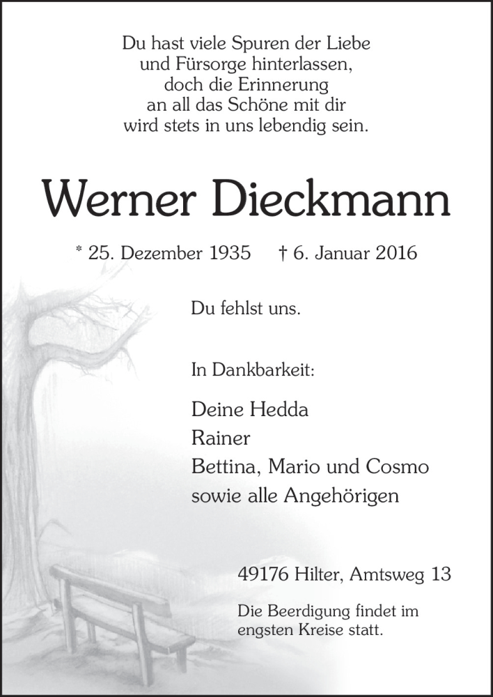  Traueranzeige für Werner Dieckmann vom 09.01.2016 aus Neue Osnabrücker Zeitung GmbH & Co. KG