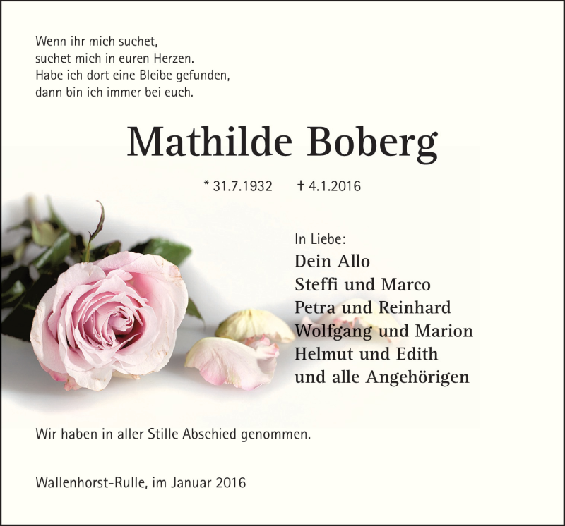  Traueranzeige für Mathilde Boberg vom 16.01.2016 aus Neue Osnabrücker Zeitung GmbH & Co. KG