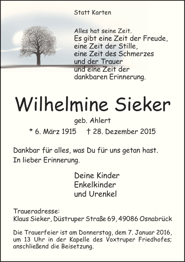  Traueranzeige für Wilhelmine Sieker vom 02.01.2016 aus Neue Osnabrücker Zeitung GmbH & Co. KG
