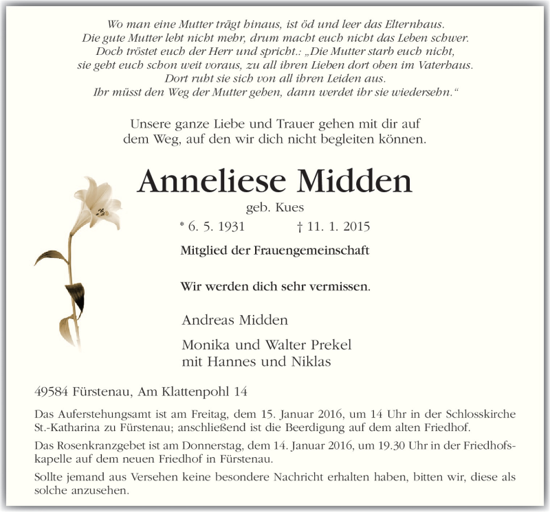  Traueranzeige für Anneliese Midden vom 14.01.2016 aus Neue Osnabrücker Zeitung GmbH & Co. KG