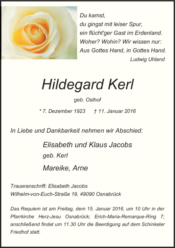  Traueranzeige für Hildegard Kerl vom 13.01.2016 aus Neue Osnabrücker Zeitung GmbH & Co. KG