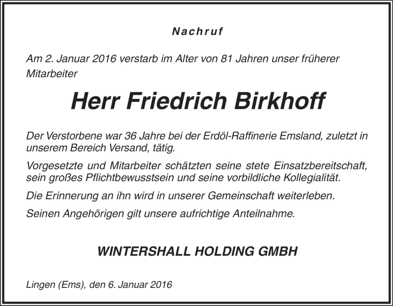  Traueranzeige für Friedrich Birkhoff vom 07.01.2016 aus Neue Osnabrücker Zeitung GmbH & Co. KG