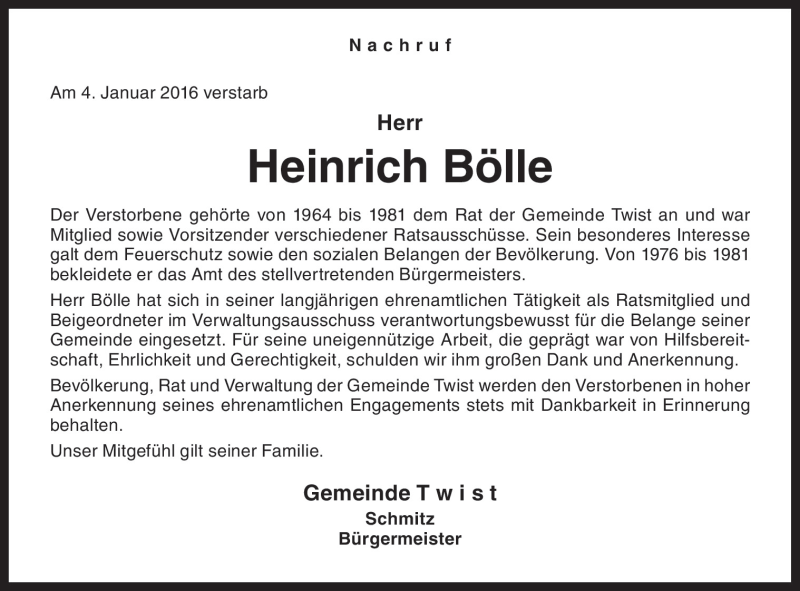  Traueranzeige für Heinrich Bölle vom 08.01.2016 aus Neue Osnabrücker Zeitung GmbH & Co. KG