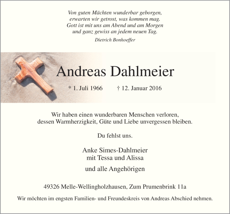  Traueranzeige für Andreas Dahlmeier vom 16.01.2016 aus Neue Osnabrücker Zeitung GmbH & Co. KG