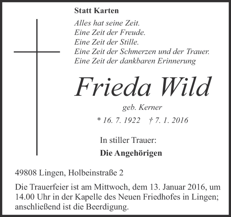  Traueranzeige für Frieda Wild vom 09.01.2016 aus Neue Osnabrücker Zeitung GmbH & Co. KG