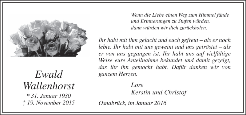  Traueranzeige für Ewald Wallenhorst vom 02.01.2016 aus Neue Osnabrücker Zeitung GmbH & Co. KG