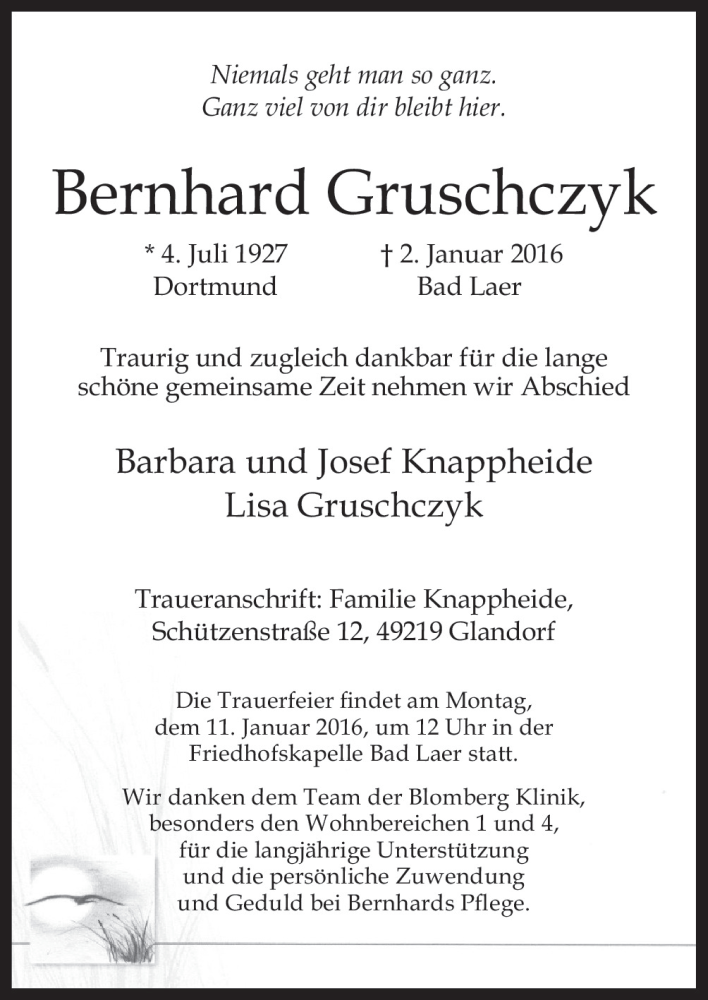  Traueranzeige für Bernhard Gruschczyk vom 05.01.2016 aus Neue Osnabrücker Zeitung GmbH & Co. KG