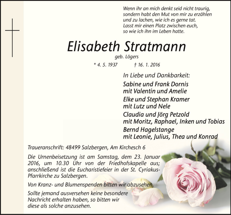  Traueranzeige für Elisabeth Stratmann vom 18.01.2016 aus Neue Osnabrücker Zeitung GmbH & Co. KG