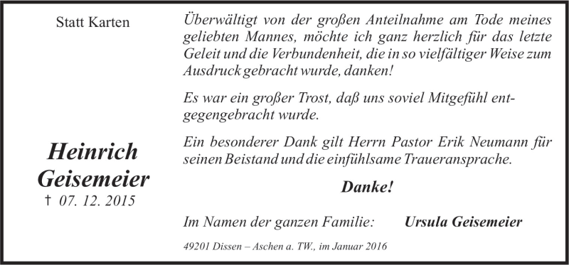  Traueranzeige für Heinrich  Geisemeier vom 16.01.2016 aus Neue Osnabrücker Zeitung GmbH & Co. KG