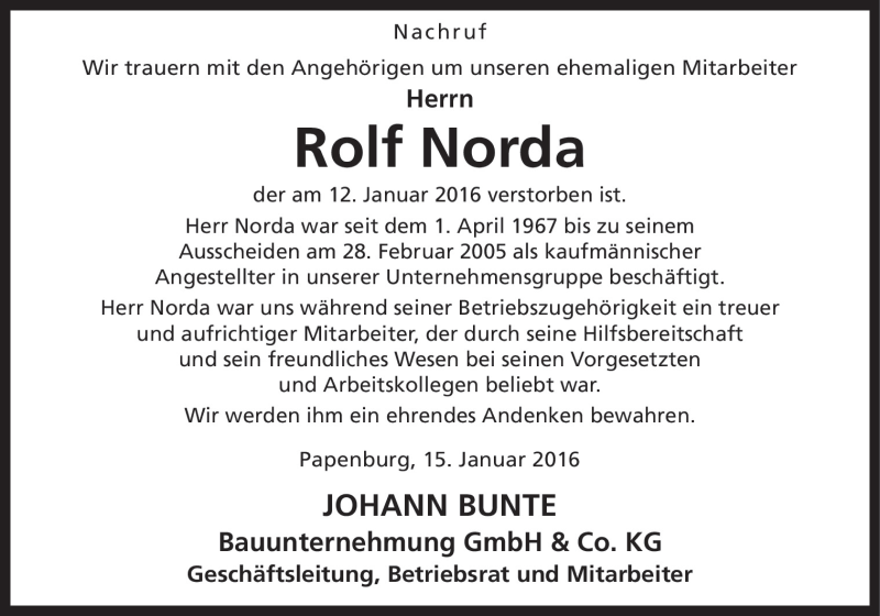  Traueranzeige für Rolf Norda vom 15.01.2016 aus Neue Osnabrücker Zeitung GmbH & Co. KG