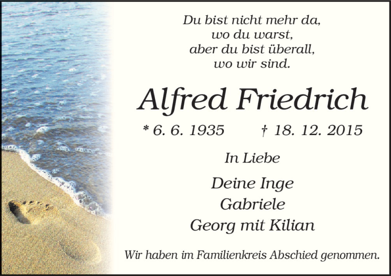  Traueranzeige für Alfred Friedrich vom 09.01.2016 aus Neue Osnabrücker Zeitung GmbH & Co. KG
