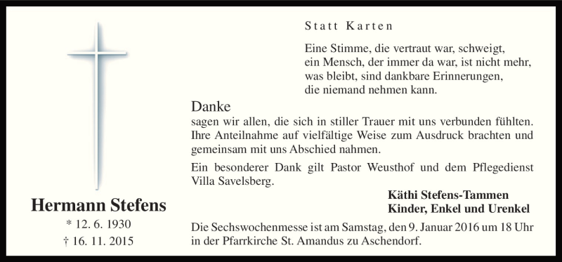  Traueranzeige für Hermann Stefens vom 06.01.2016 aus Neue Osnabrücker Zeitung GmbH & Co. KG