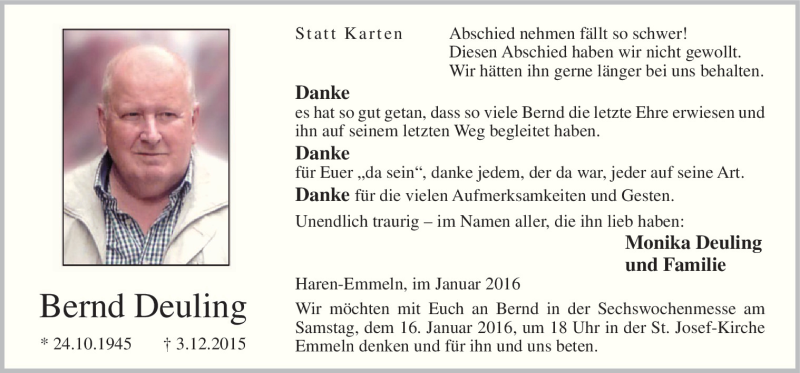  Traueranzeige für Bernd Deuling vom 13.01.2016 aus Neue Osnabrücker Zeitung GmbH & Co. KG