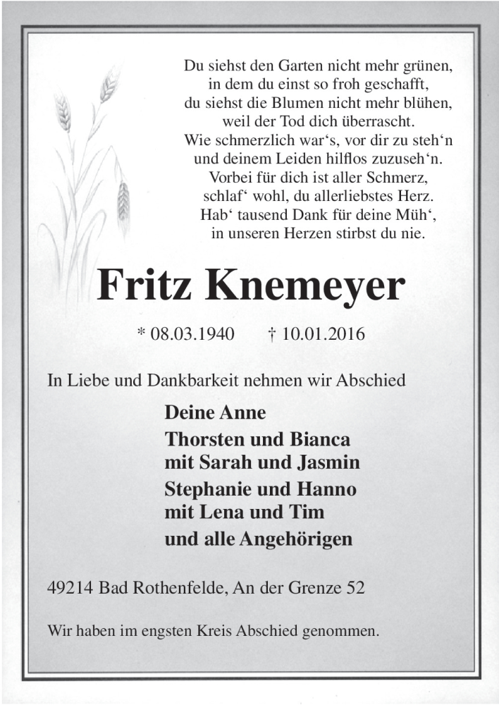  Traueranzeige für Fritz Knemeyer vom 16.01.2016 aus Neue Osnabrücker Zeitung GmbH & Co. KG