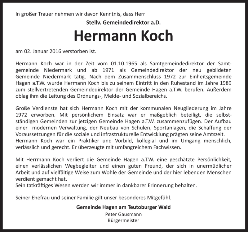  Traueranzeige für Hermann Koch vom 08.01.2016 aus Neue Osnabrücker Zeitung GmbH & Co. KG