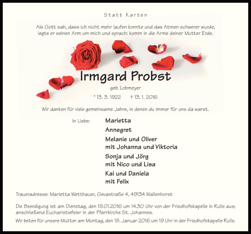 Traueranzeige für Irmgard Probst vom 16.01.2016 aus Neue Osnabrücker Zeitung GmbH & Co. KG